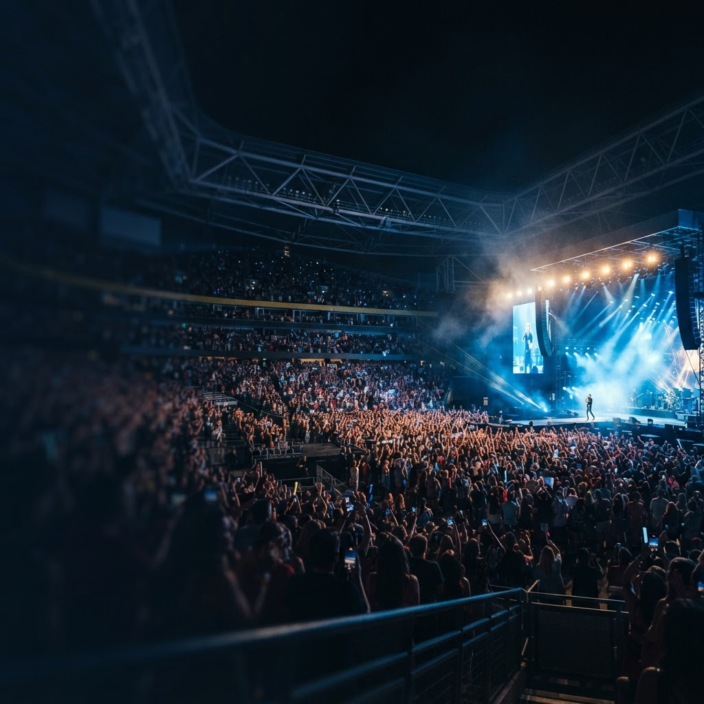 Stadium lights and a live concert crowd